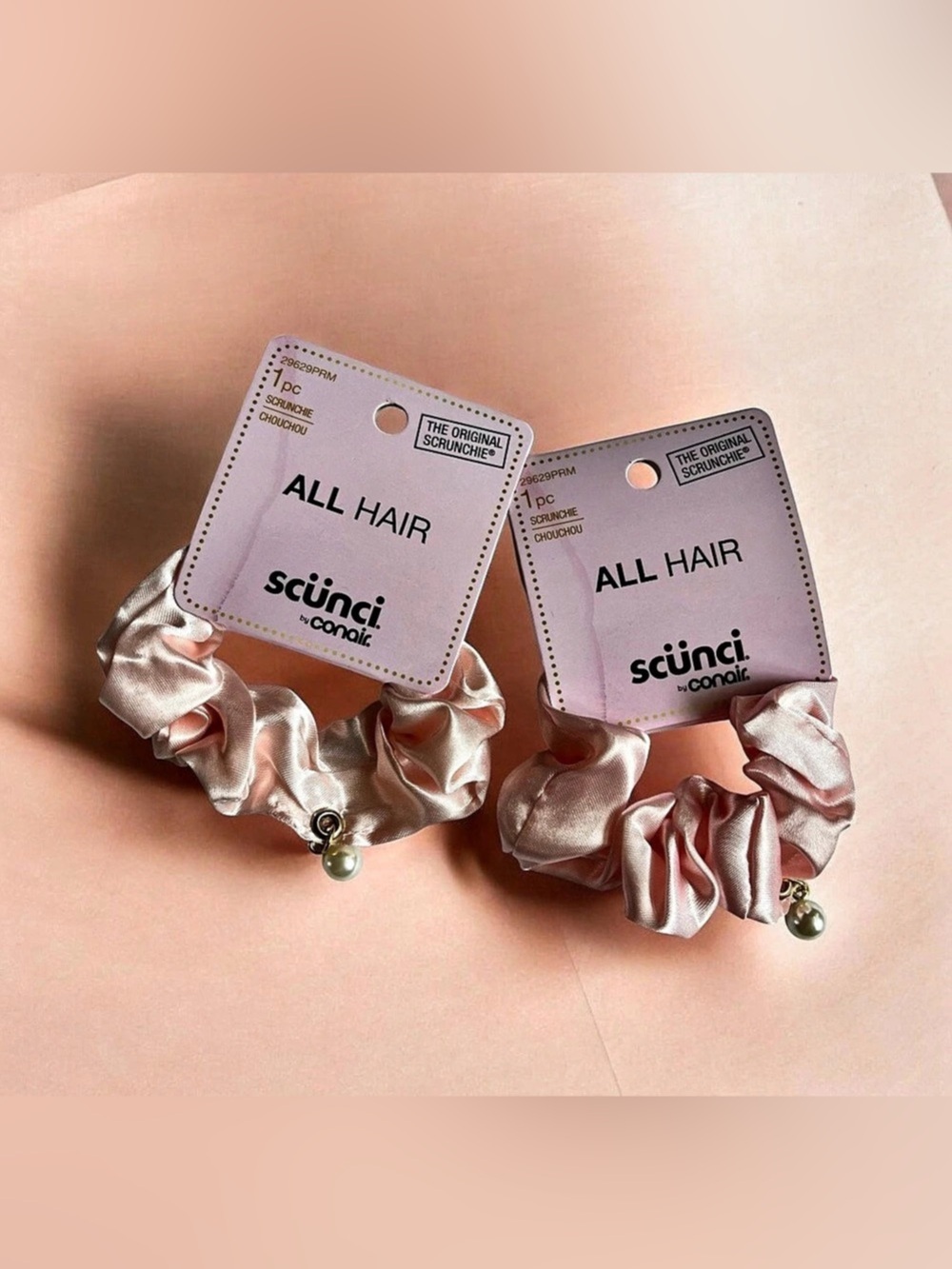 Scunci Pink Satin Scrunchie Set of 2 Scrunchies with Pearl Charms